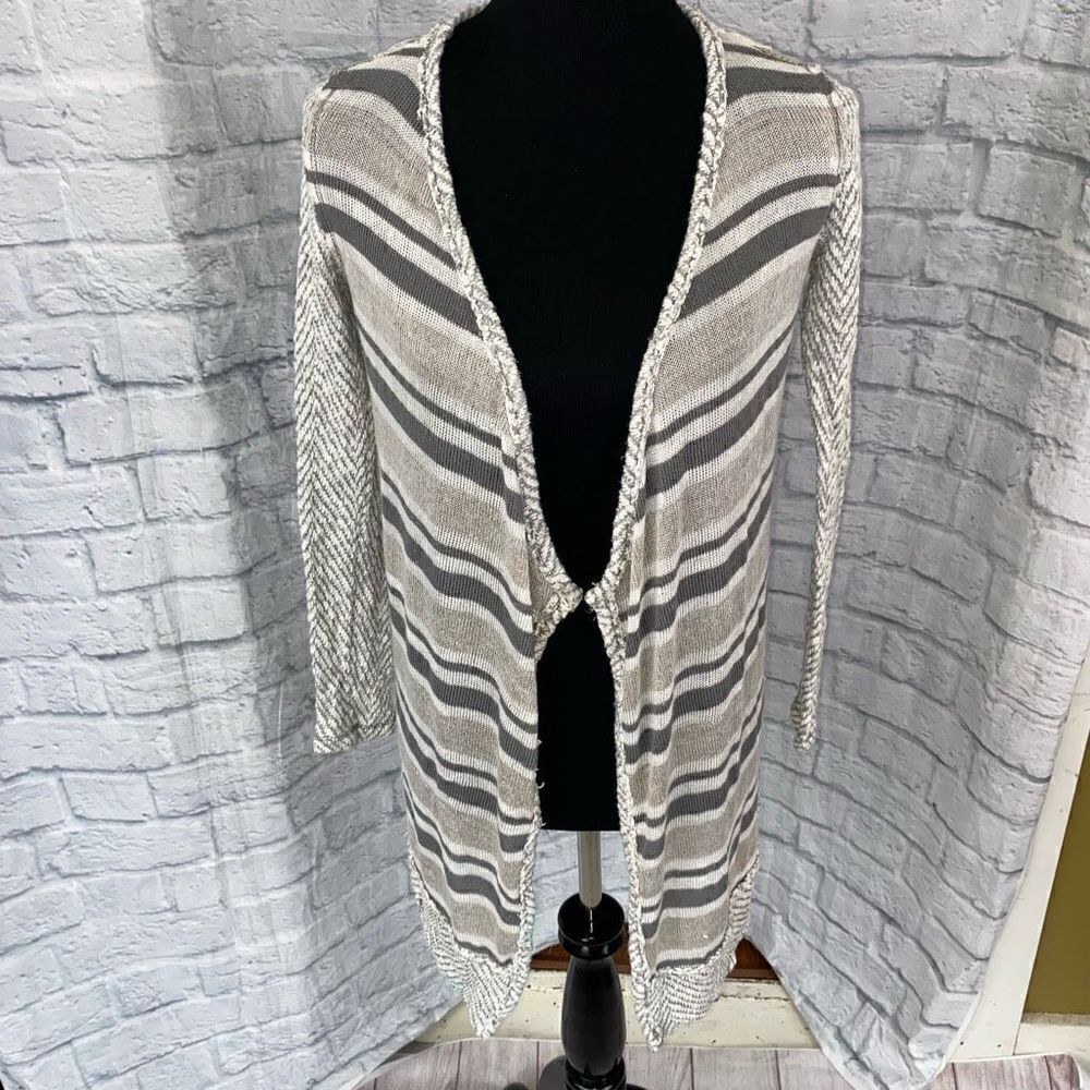 Jolt women S cotton blend open front stripe cardigan w/lace back